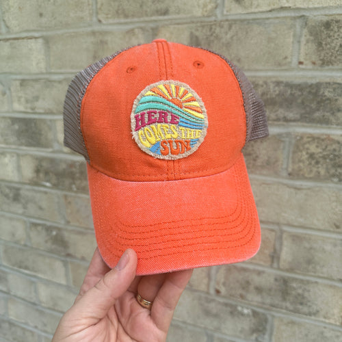 Orange, Here Comes the Sun Embroidered Patch, Orange/Khaki Mesh Patch Hat, Summer Cap