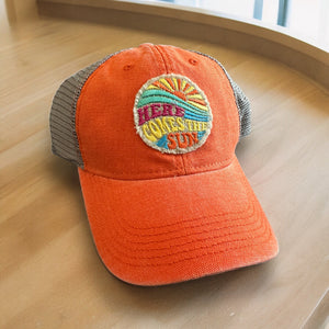 Orange, Here Comes the Sun Embroidered Patch, Orange/Khaki Mesh Patch Hat, Summer Cap