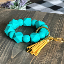 Load image into Gallery viewer, Turquoise Wristlet Keychain, Durable, Stretchy, Gold Plated Hardware with Yellow Tassel