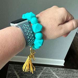 Turquoise Wristlet Keychain, Durable, Stretchy, Gold Plated Hardware with Yellow Tassel