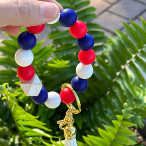Patriotic Fourth of July Wristlet Keychain, Stretchy and Durable, Gold Keyring with Lobster clip