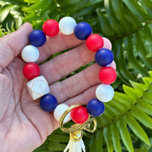 Load image into Gallery viewer, Patriotic Fourth of July Wristlet Keychain, Stretchy and Durable, Gold Keyring with Lobster clip