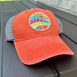 Orange, Here Comes the Sun Embroidered Patch, Orange/Khaki Mesh Patch Hat, Summer Cap