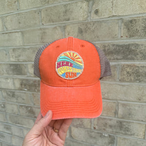 Orange, Here Comes the Sun Embroidered Patch, Orange/Khaki Mesh Patch Hat, Summer Cap