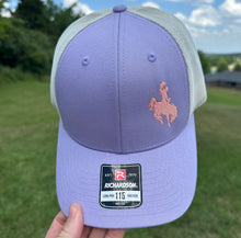 Load image into Gallery viewer, Lilac Embroidered Cowboy Richardson Low-Pro 115 Trucker hat. Embroidery is pink