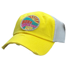 Load image into Gallery viewer, vibrant yellow low profile and unstructured trucker hat with a frayed embroidered patch that says, here comes the sun.