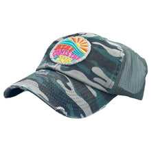 Load image into Gallery viewer, camo low profile and unstructured trucker hat with a frayed embroidered patch that says, here comes the sun.