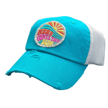 Load image into Gallery viewer, turquoise and ivory mesh low profile and unstructured trucker hat with a frayed embroidered patch that says, here comes the sun.