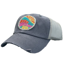 Load image into Gallery viewer, dark gray low profile and unstructured trucker hat with a frayed embroidered patch that says, here comes the sun.