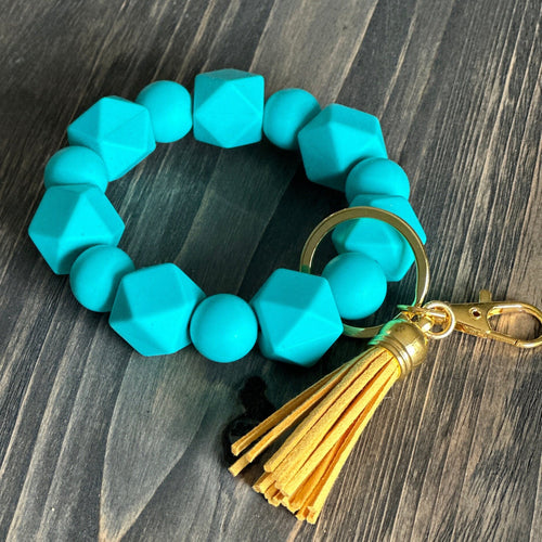 Turquoise Wristlet Keychain, Durable, Stretchy, Gold Plated Hardware with Yellow Tassel