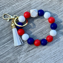 Load image into Gallery viewer, Patriotic Fourth of July Wristlet Keychain, Stretchy and Durable, Gold Keyring with Lobster clip