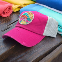 Load image into Gallery viewer, Dark PInk and Ivory Mesh low profile and unstructured trucker hat with a frayed embroidered patch that says, here comes the sun.