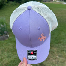 Load image into Gallery viewer, Lilac Embroidered Cowboy Richardson Low-Pro 115 Trucker hat. Embroidery is pink
