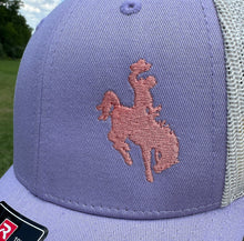 Load image into Gallery viewer, Lilac Embroidered Cowboy Richardson Low-Pro 115 Trucker hat. Embroidery is pink