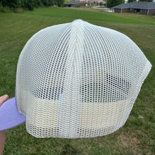 Load image into Gallery viewer, Side view of mesh - Lilac Embroidered Cowboy Richardson Low-Pro 115 Trucker hat. Embroidery is pink