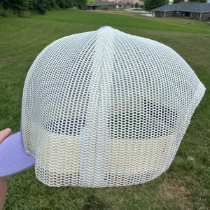 Side view of mesh - Lilac Embroidered Cowboy Richardson Low-Pro 115 Trucker hat. Embroidery is pink