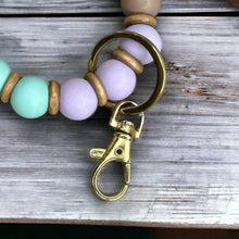 Load image into Gallery viewer, Handmade Silicone and Wood Wristlet Keychain, Beach Vibes, Spring Colors, Stretchy Wristlet, Gold Hardware