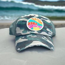 Load image into Gallery viewer, camo low profile and unstructured trucker hat with a frayed embroidered patch that says, here comes the sun.