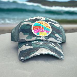 Ivory Here Comes the Sun Trucker Hat- Embroidered Patch - Choose Your Hat Color