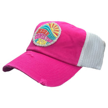 Load image into Gallery viewer, dark pink and ivory mesh low profile and unstructured trucker hat with a frayed embroidered patch that says, here comes the sun.