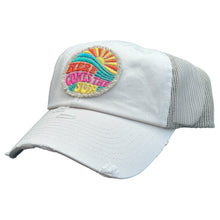 Load image into Gallery viewer, ivory and khaki mesh low profile and unstructured trucker hat with a frayed embroidered patch that says, here comes the sun.