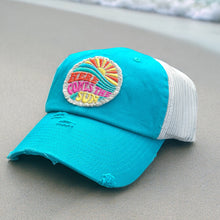 Load image into Gallery viewer, Turquoise Here Comes the Sun Trucker Hat- Embroidered Patch - Choose Your Hat Color