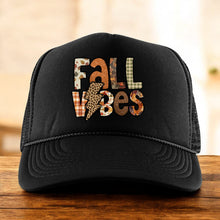 Load image into Gallery viewer, Black trucker hat with Fall Vibes design in fall colors