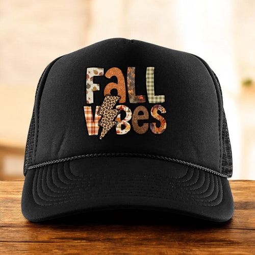 Black trucker hat with Fall Vibes design in fall colors