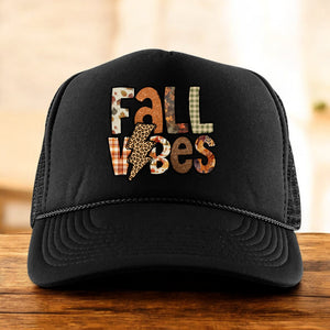 Black trucker hat with Fall Vibes design in fall colors