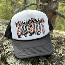 Load image into Gallery viewer, Howdy Trucker Hat, High Profile, Black and White Retro Hat, Sassy Cowgirl, Western Woman Hat, Southwest Design