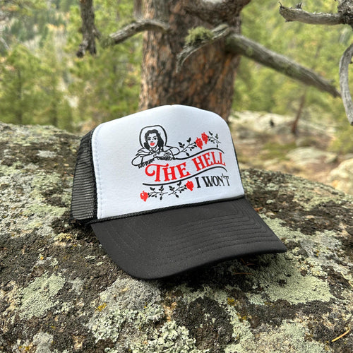 The Hell I Won’t Trucker Hat, Black and White Retro Hat, Sassy Cowgirl, Western Woman Hat, High Profile Rope Trucker Hat