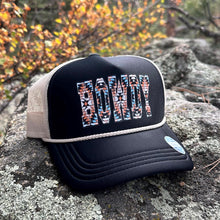 Load image into Gallery viewer, Black and Ivory Trucker Hat with HOWDY print, Southwestern Design