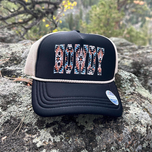 Howdy Rope Trucker Hat, Mid- Profile, Black and Light Tan Mesh Hat, Sassy Cowgirl, Western Woman Hat, Southwest Design