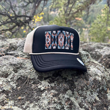 Load image into Gallery viewer, Black and Ivory Trucker Hat with HOWDY print, Southwestern Design