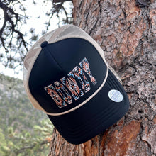 Load image into Gallery viewer, Black and Ivory Trucker Hat with HOWDY print, Southwestern Design