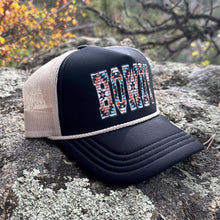 Load image into Gallery viewer, Black and Ivory Trucker Hat with HOWDY print, Southwestern Design
