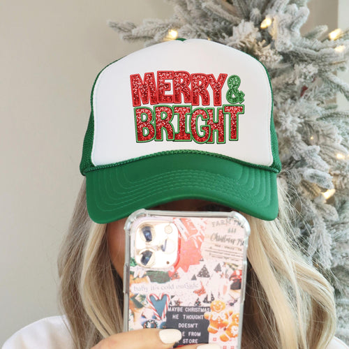 Merry and Bright High Profile Rope Trucker Hat, Green Christmas Rope Trucker Hat, Holiday Hat, Fun Christmas Print