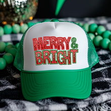 Load image into Gallery viewer, Merry and Bright High Profile Rope Trucker Hat, Green Christmas Rope Trucker Hat, Holiday Hat, Fun Christmas Print