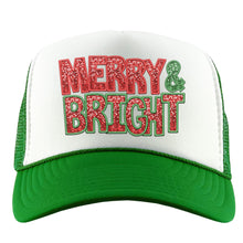 Load image into Gallery viewer, Merry and Bright High Profile Rope Trucker Hat, Green Christmas Rope Trucker Hat, Holiday Hat, Fun Christmas Print