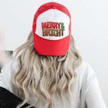 Load image into Gallery viewer, Red Merry and Bright High Profile Rope Trucker Hat, Christmas Rope Trucker Hat, Sparkly Holiday Hat, Fun Christmas Print