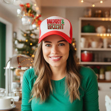 Load image into Gallery viewer, Red Merry and Bright High Profile Rope Trucker Hat, Christmas Rope Trucker Hat, Sparkly Holiday Hat, Fun Christmas Print