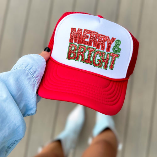 Red Merry and Bright High Profile Rope Trucker Hat, Christmas Rope Trucker Hat, Sparkly Holiday Hat, Fun Christmas Print