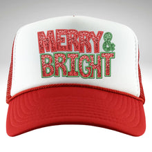 Load image into Gallery viewer, Red Merry and Bright High Profile Rope Trucker Hat, Christmas Rope Trucker Hat, Sparkly Holiday Hat, Fun Christmas Print