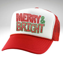 Load image into Gallery viewer, Red Merry and Bright High Profile Rope Trucker Hat, Christmas Rope Trucker Hat, Sparkly Holiday Hat, Fun Christmas Print