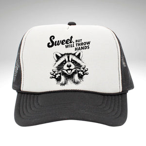 Sassy Racoon Trucker Hat, Black and White, High Profile Rope Trucker Hat, Sweet But Will Throw Hands