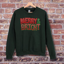 Load image into Gallery viewer, Merry and Bright Black Sweatshirt, Faux Embroidery Red and Christmas Green