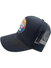 Load image into Gallery viewer, Side view - Black high profile rope trucker hat with a colorful round Lake LIfe graphic printed on the front. Lake life is printed in white cursive bubble font. The colors in the background are in a strip pattern. Blues, yellows, reds