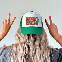 Load image into Gallery viewer, Merry and Bright High Profile Rope Trucker Hat, Green Christmas Rope Trucker Hat, Holiday Hat, Fun Christmas Print