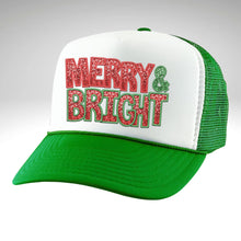 Load image into Gallery viewer, Merry and Bright High Profile Rope Trucker Hat, Green Christmas Rope Trucker Hat, Holiday Hat, Fun Christmas Print