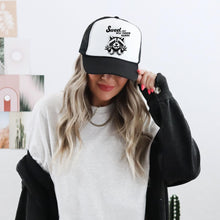 Load image into Gallery viewer, Sassy Racoon Trucker Hat, Black and White, High Profile Rope Trucker Hat, Sweet But Will Throw Hands